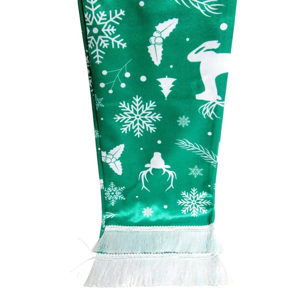 Women's Winter Silk‑Feel Scarf Green Holiday Print White Tassels 56 inches long